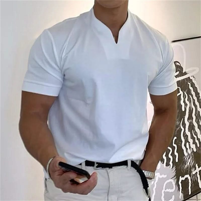 Men's short-sleeve V-neck fitness tee in white, with front button placket