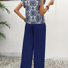 Deep blue paisley blouse and wide-leg pants set, back view