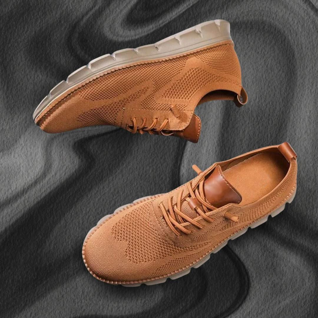 Caramel brown lace-up walking shoes with tan sock lining and white tread sole