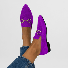 Purple suede loafers with gold ring buckle hardware