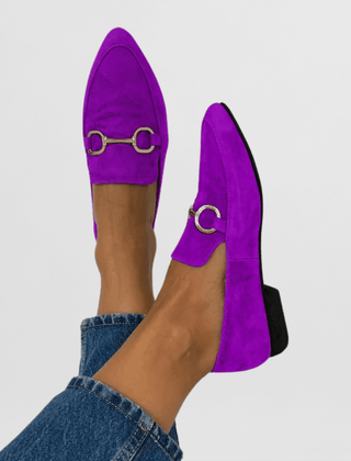 Purple suede loafers with gold ring buckle hardware