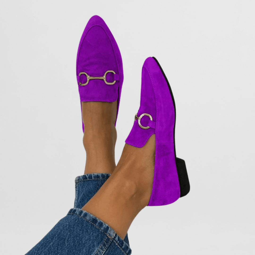 Purple suede loafers with gold ring buckle hardware