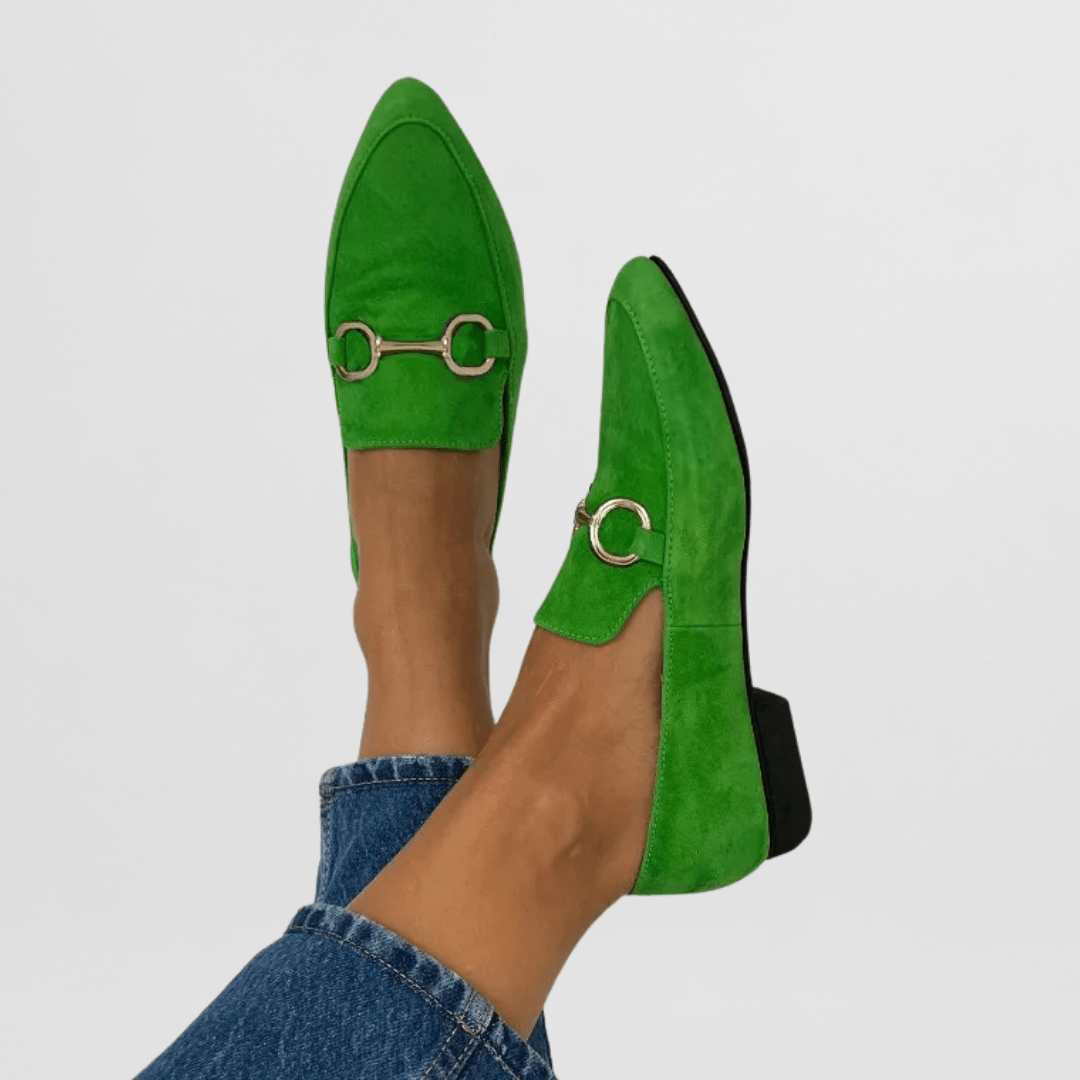 Green suede loafers with gold ring buckle hardware