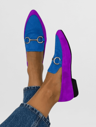 Two-tone loafers in blue and purple with gold ring buckle detail