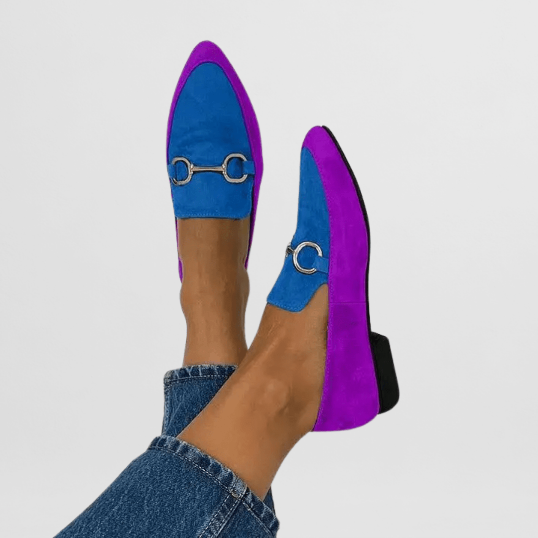 Two-tone loafers in blue and purple with gold ring buckle detail