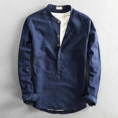 Corden linen shirt, navy blue long-sleeve button-front henley with small buttons