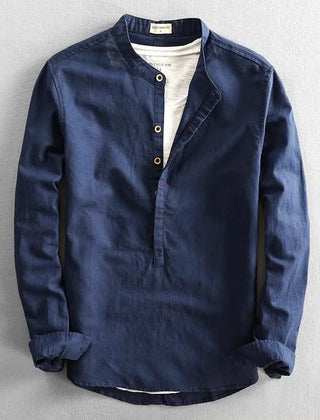 Corden linen shirt, navy blue long-sleeve button-front henley with small buttons