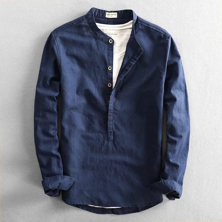 Corden linen shirt, navy blue long-sleeve button-front henley with small buttons