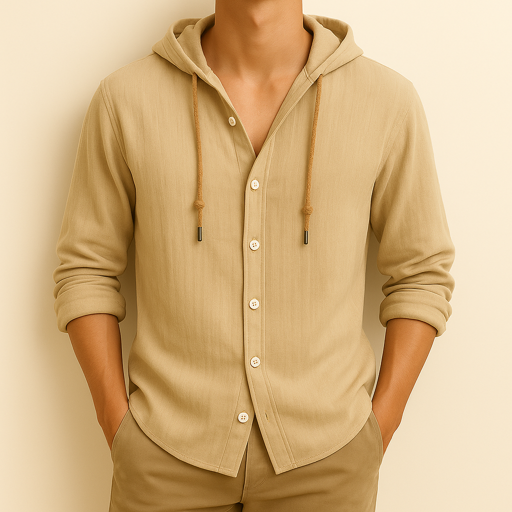 Beige hooded shirt jacket worn, button front and drawstring hood ties