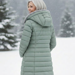 Light green fleece-lined puffer coat back view with hood