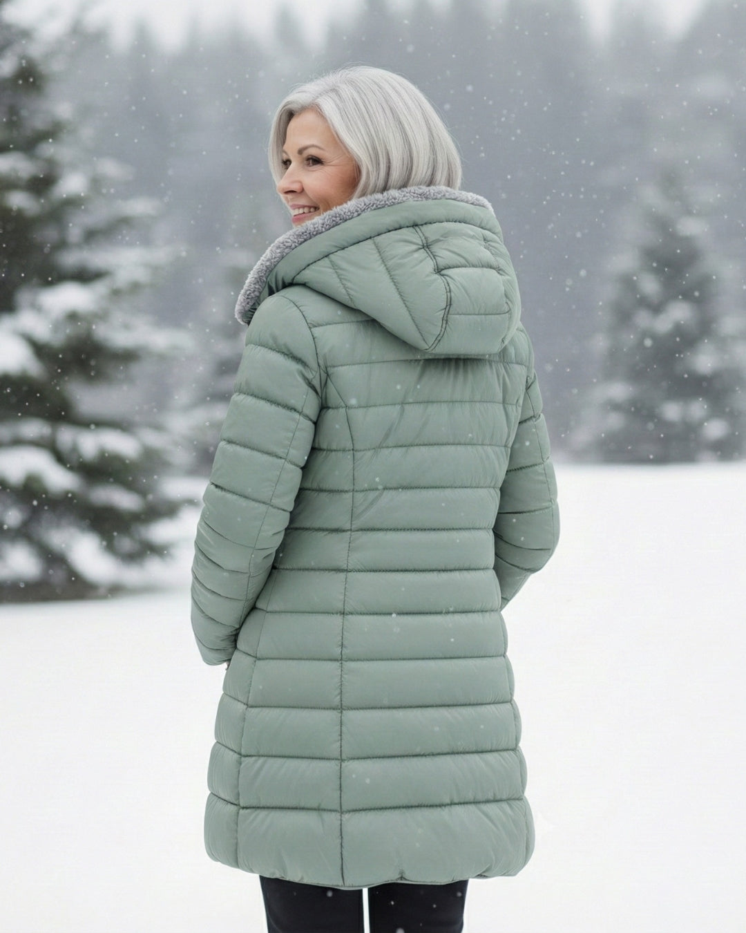 Light green fleece-lined puffer coat back view with hood