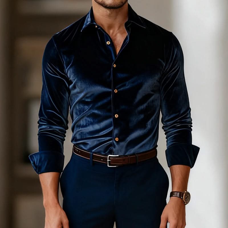 Navy velvet button-up shirt with long sleeves, pointed collar, front view.