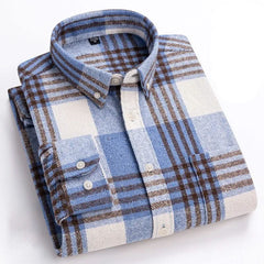 Blue and white plaid cotton flannel shirt with button-front and folded sleeves