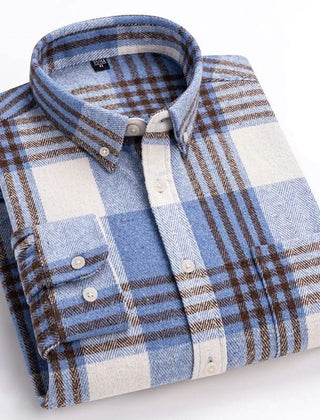 Blue and white plaid cotton flannel shirt with button-front and folded sleeves