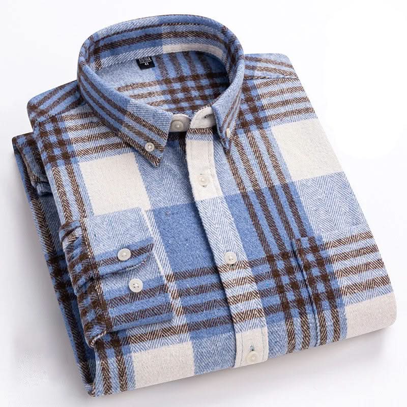 Blue and white plaid cotton flannel shirt with button-front and folded sleeves