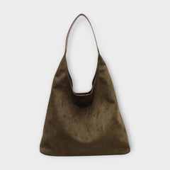 Olive green suede-style handbag with single top handle and open top