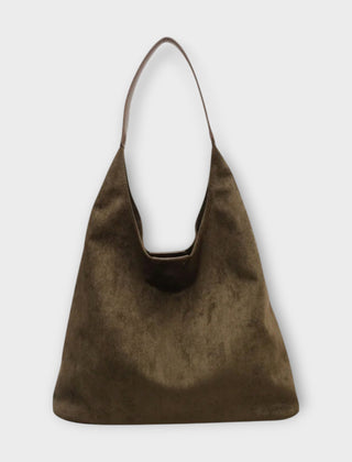 Olive green suede-style handbag with single top handle and open top