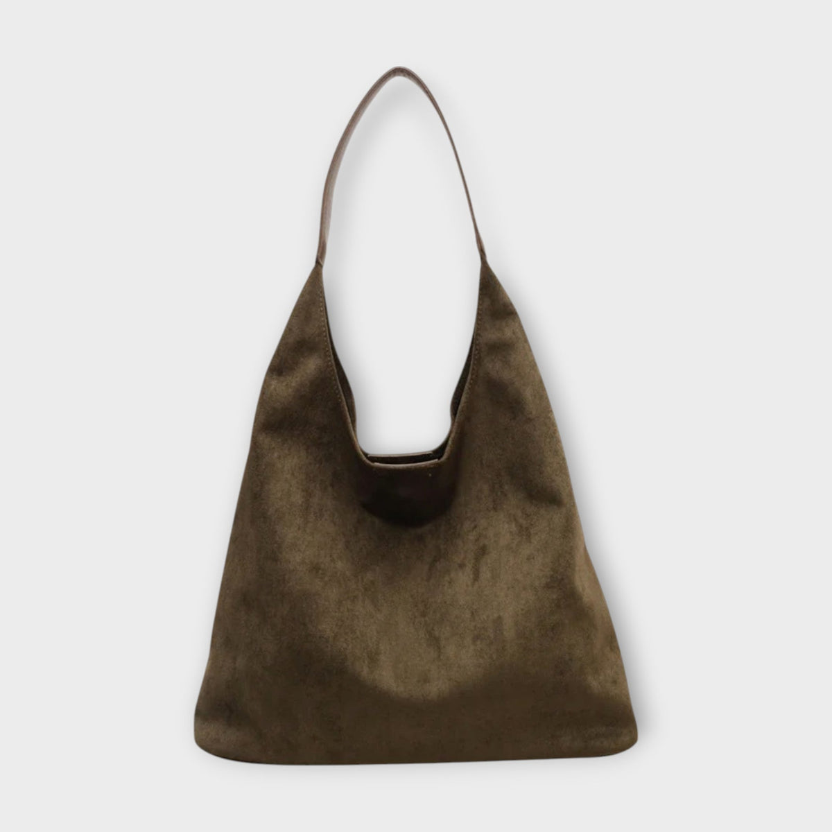 Olive green suede-style handbag with single top handle and open top