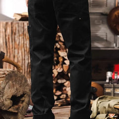Black straight-leg utility pants with front pockets and cuffed hem