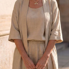 3-piece set with open short-sleeve tunic, square-neck top, and drawstring pants, beige.