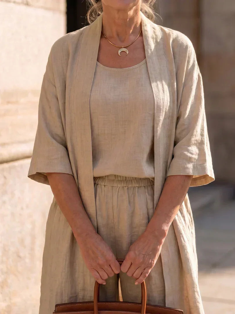 3-piece set with open short-sleeve tunic, square-neck top, and drawstring pants, beige.