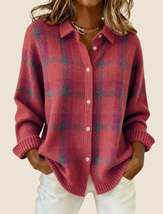 Pink plaid button-up cardigan with front buttons and long sleeves