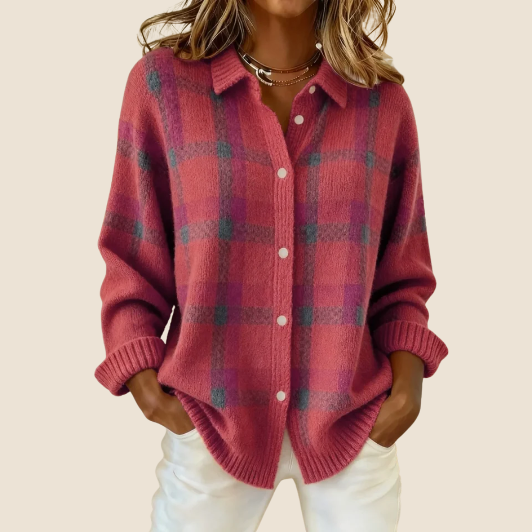 Pink plaid button-up cardigan with front buttons and long sleeves