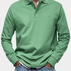 Men's long-sleeve polo shirt in green, button placket and ribbed cuffs
