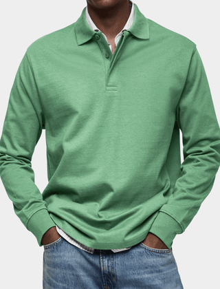 Men's long-sleeve polo shirt in green, button placket and ribbed cuffs