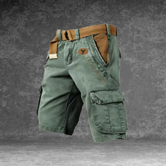 DUNMERE utility shorts in sage green with cargo side pockets and logo patch