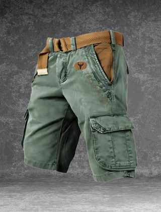 DUNMERE utility shorts in sage green with cargo side pockets and logo patch
