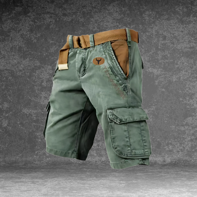 DUNMERE utility shorts in sage green with cargo side pockets and logo patch