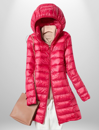 Bright red hooded ultralight puffer down jacket with full-length zip and long coat hem.