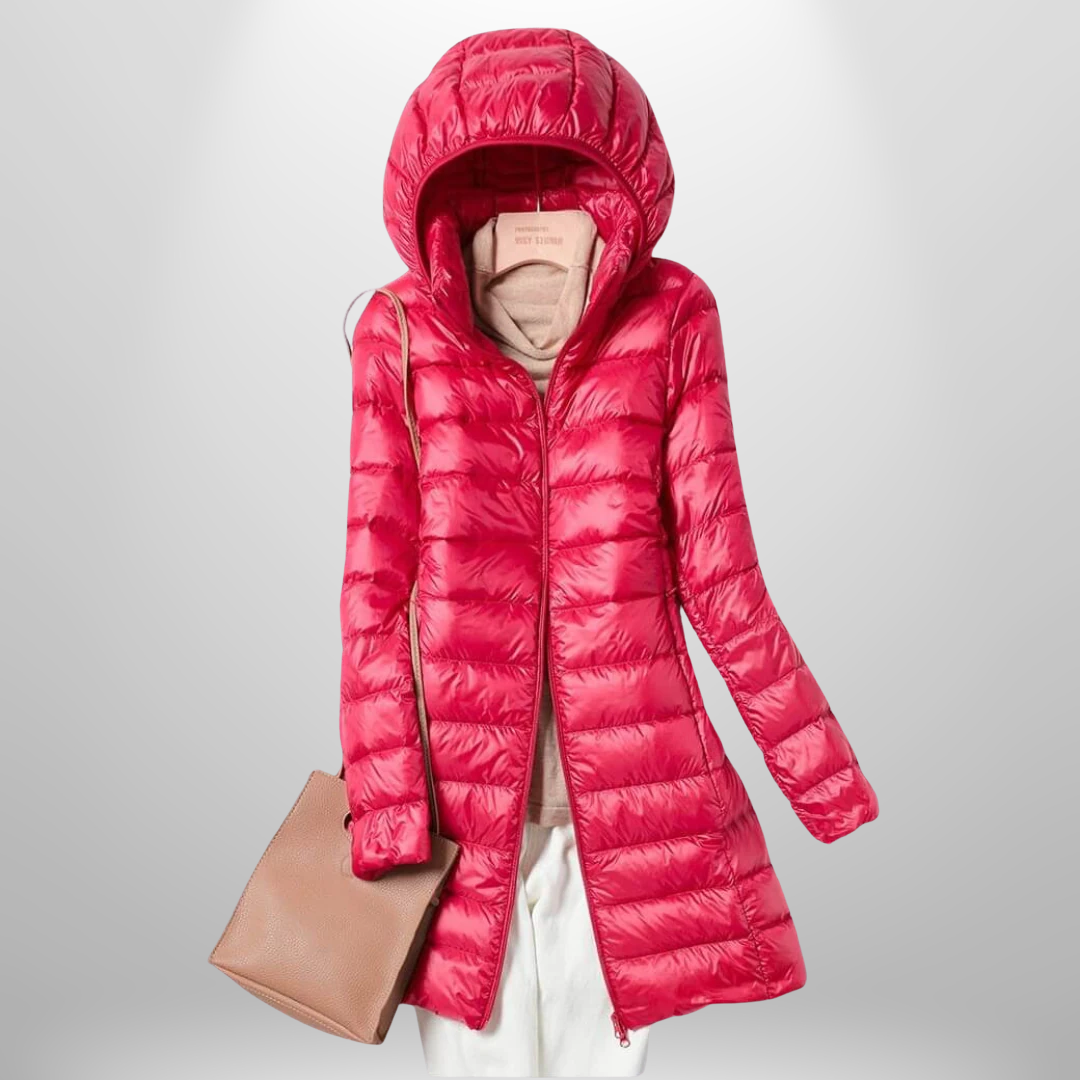 Bright red hooded ultralight puffer down jacket with full-length zip and long coat hem.