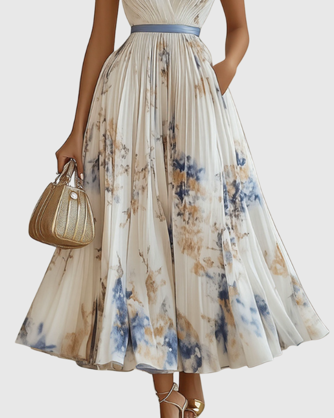Cream pleated maxi dress with V-neck wrap bodice, blue-and-gold floral skirt, sleeveless.