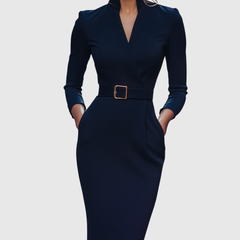Navy fitted midi dress with V-neck, long sleeves, and gold square waist buckle belt.