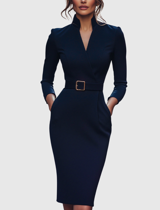 Navy fitted midi dress with V-neck, long sleeves, and gold square waist buckle belt.