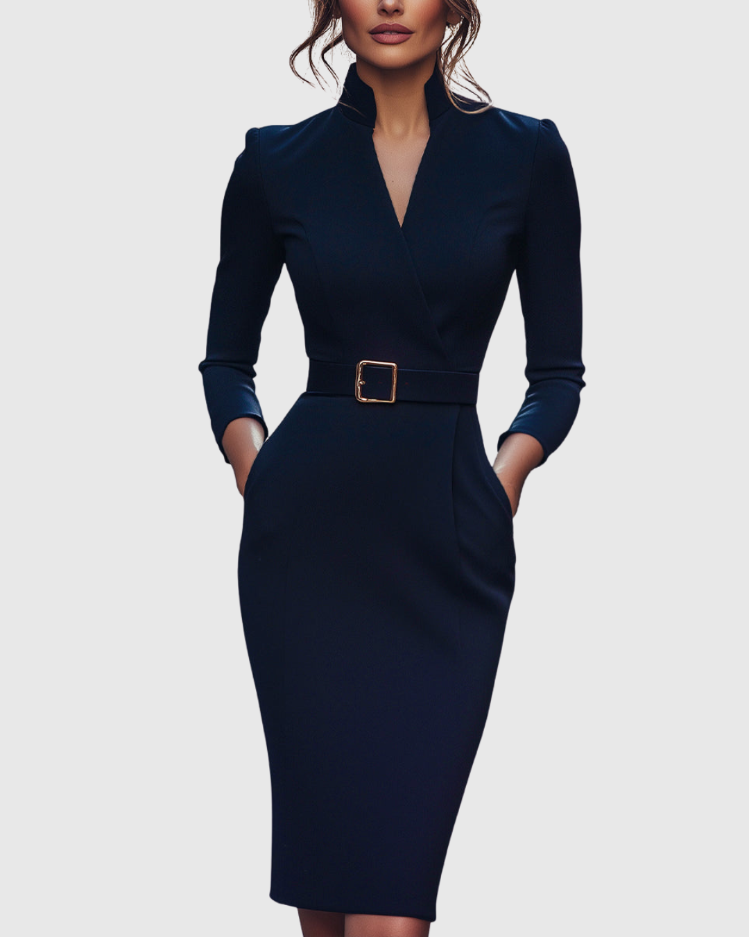 Navy fitted midi dress with V-neck, long sleeves, and gold square waist buckle belt.