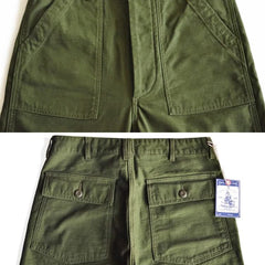 Olive green straight fatigue pants front and back view with cargo pockets and button closure