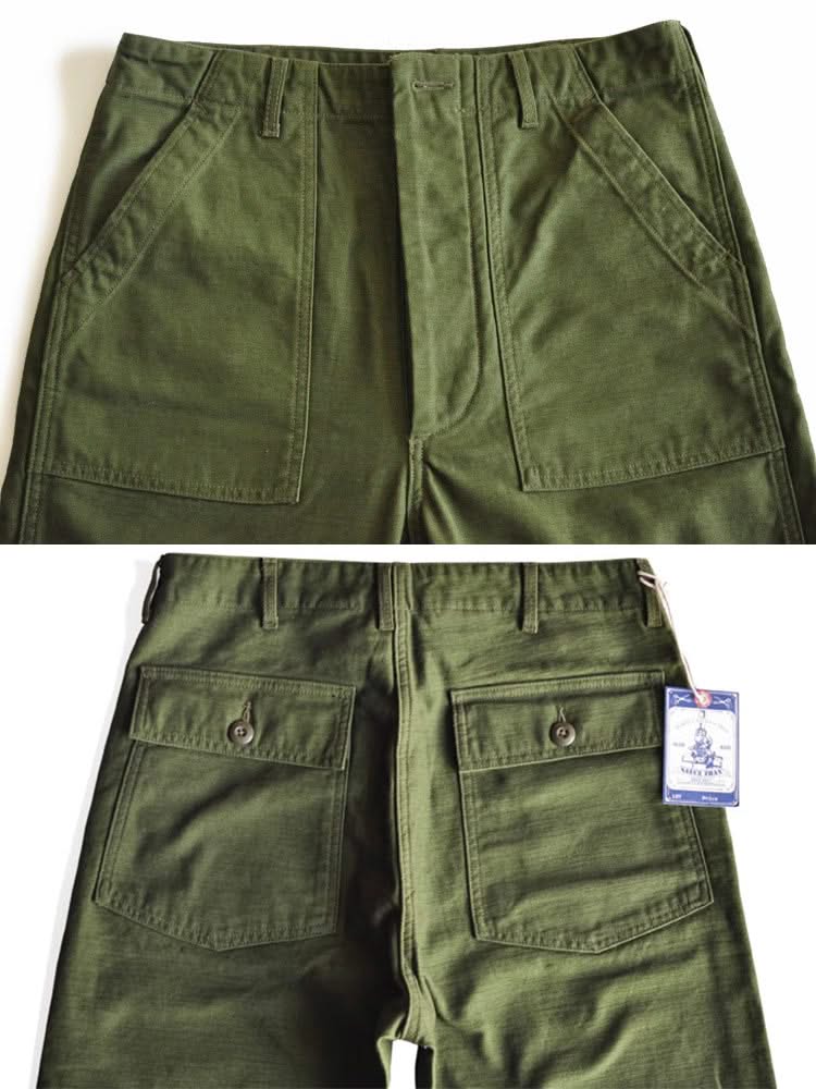 Olive green straight fatigue pants front and back view with cargo pockets and button closure