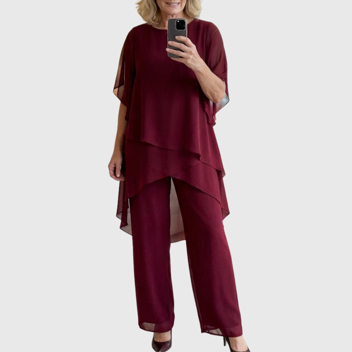 Elara elegant palazzo set in deep wine red: draped top and wide-leg trousers for coverage
