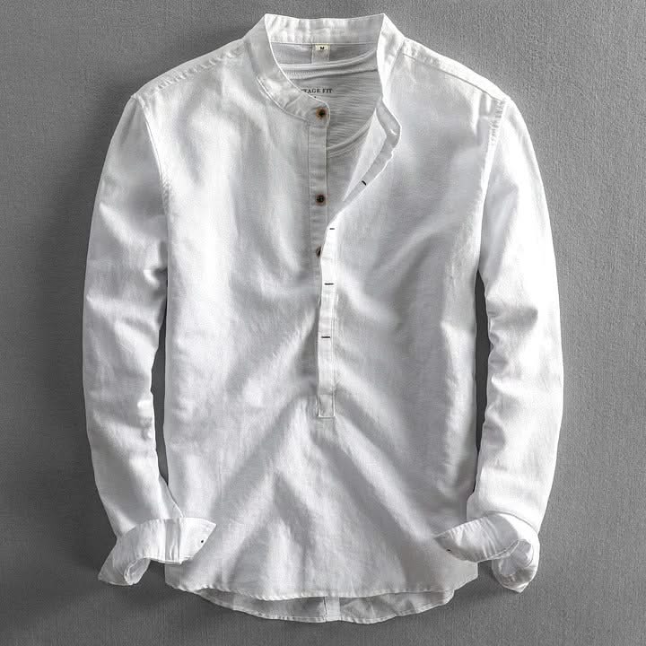 Corden linen shirt, white long-sleeve button-front henley with narrow collar