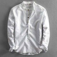 Corden linen shirt, white long-sleeve button-front henley with small buttons