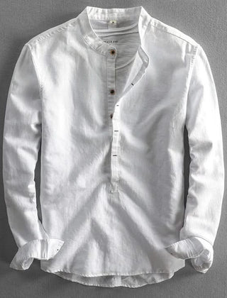 Corden linen shirt, white long-sleeve button-front henley with small buttons
