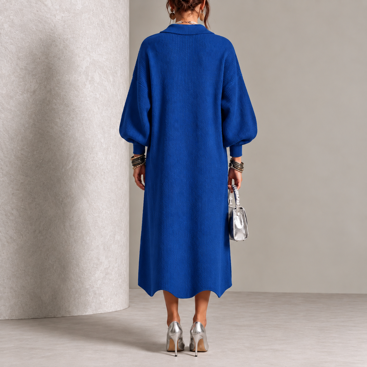 Blue knit button-front midi dress, back view with wide sleeves and gold buttons