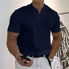 Men's short-sleeve V-neck fitness tee in navy blue, with front button placket