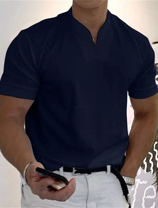 Men's short-sleeve V-neck fitness tee in navy blue, with front button placket
