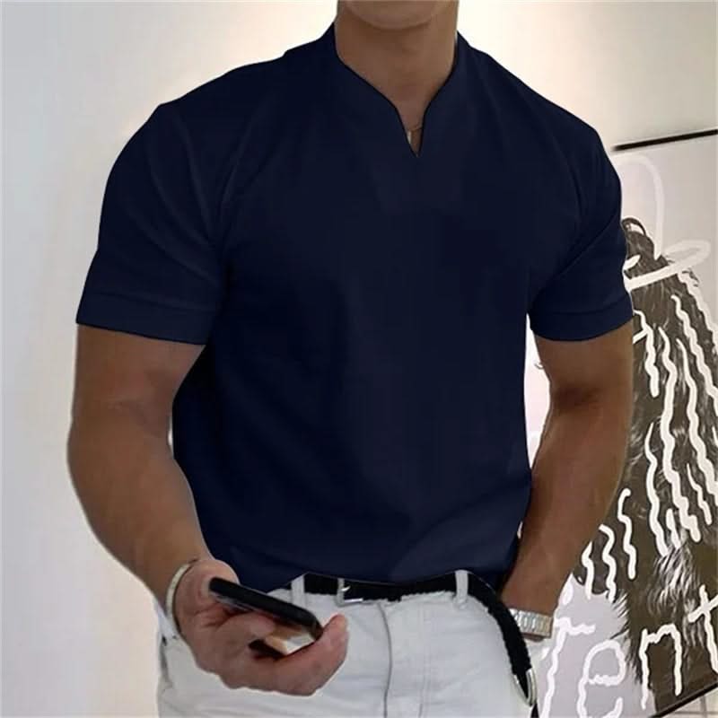 Men's short-sleeve V-neck fitness tee in navy blue, with front button placket