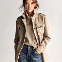 Khaki short wool-blend coat with stand collar, epaulets, and flap chest pockets