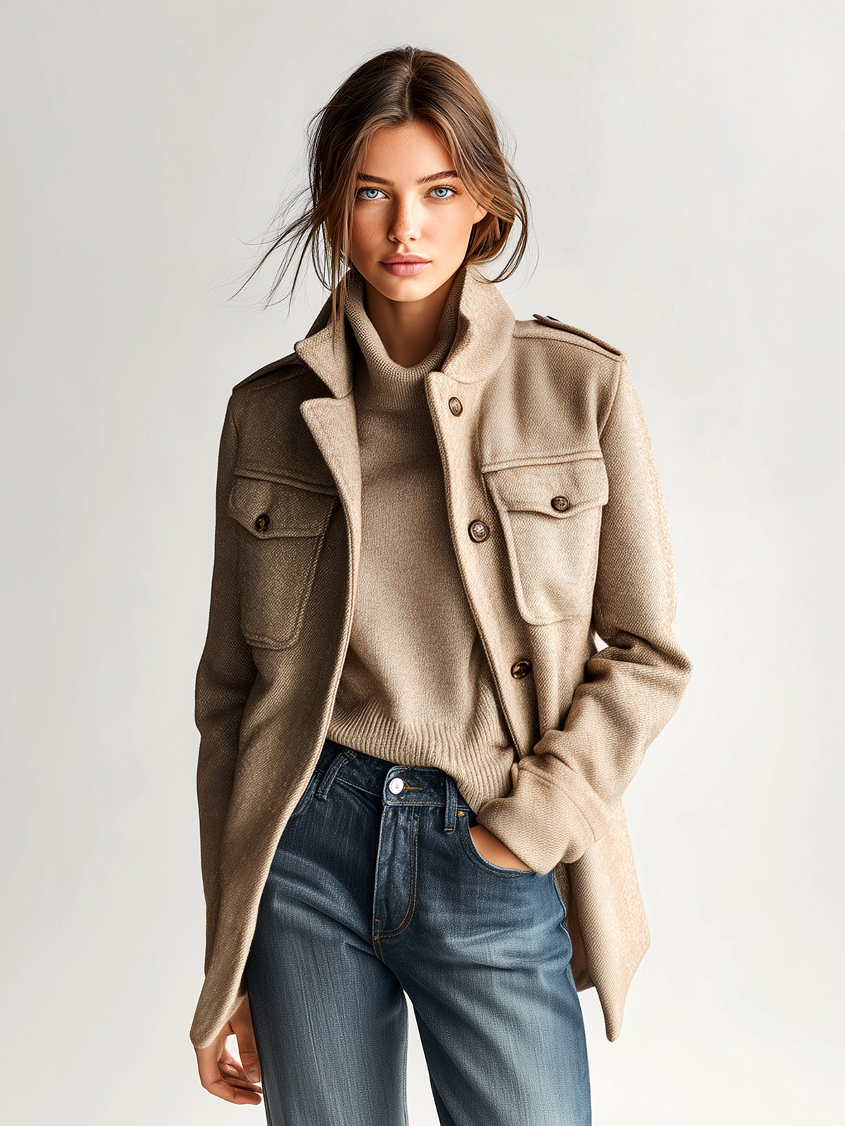 Khaki short wool-blend coat with stand collar, epaulets, and flap chest pockets